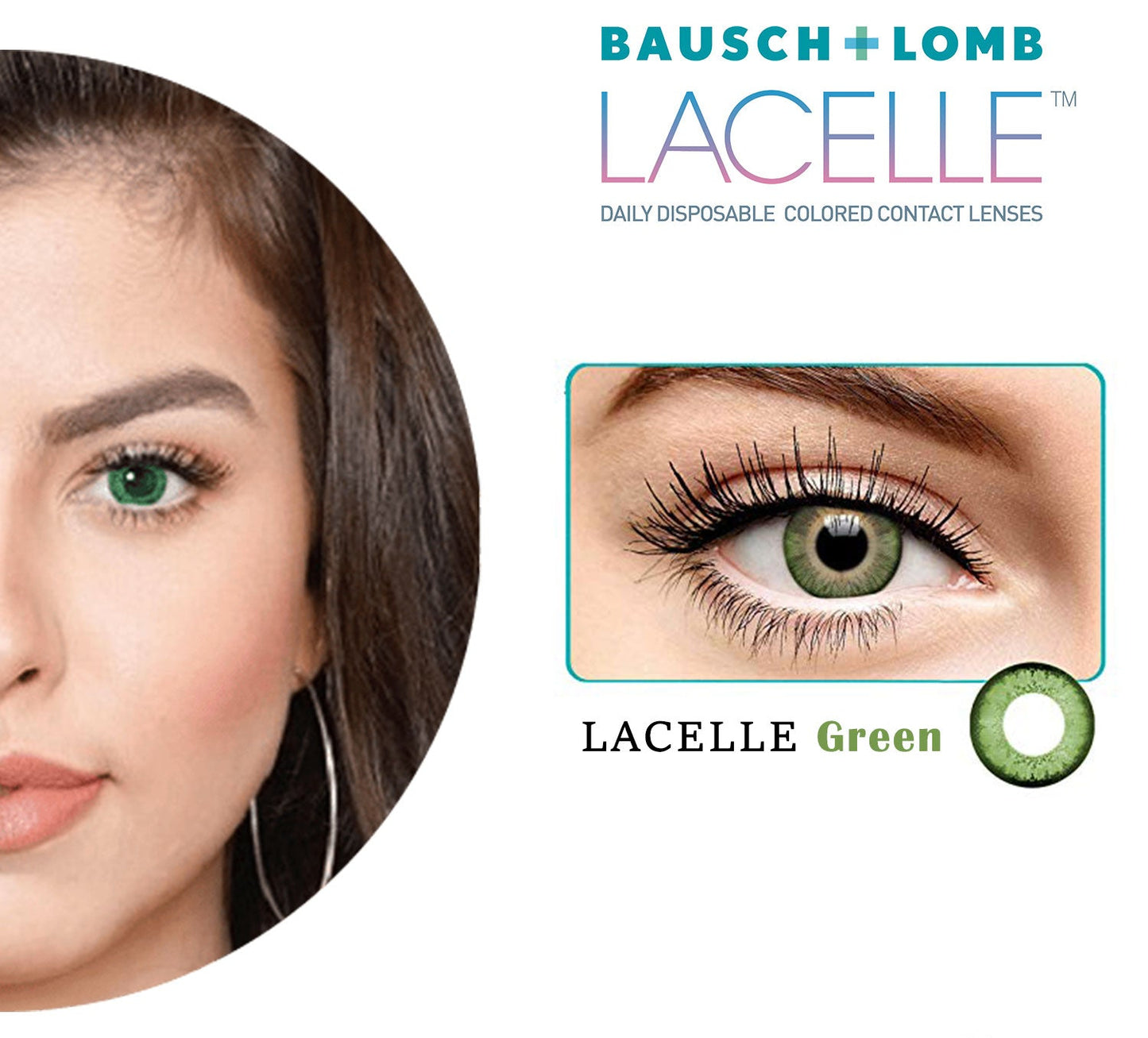 Advertisement for Bausch + Lomb Lacelle contact lenses showing a close-up of an eye with green lenses.