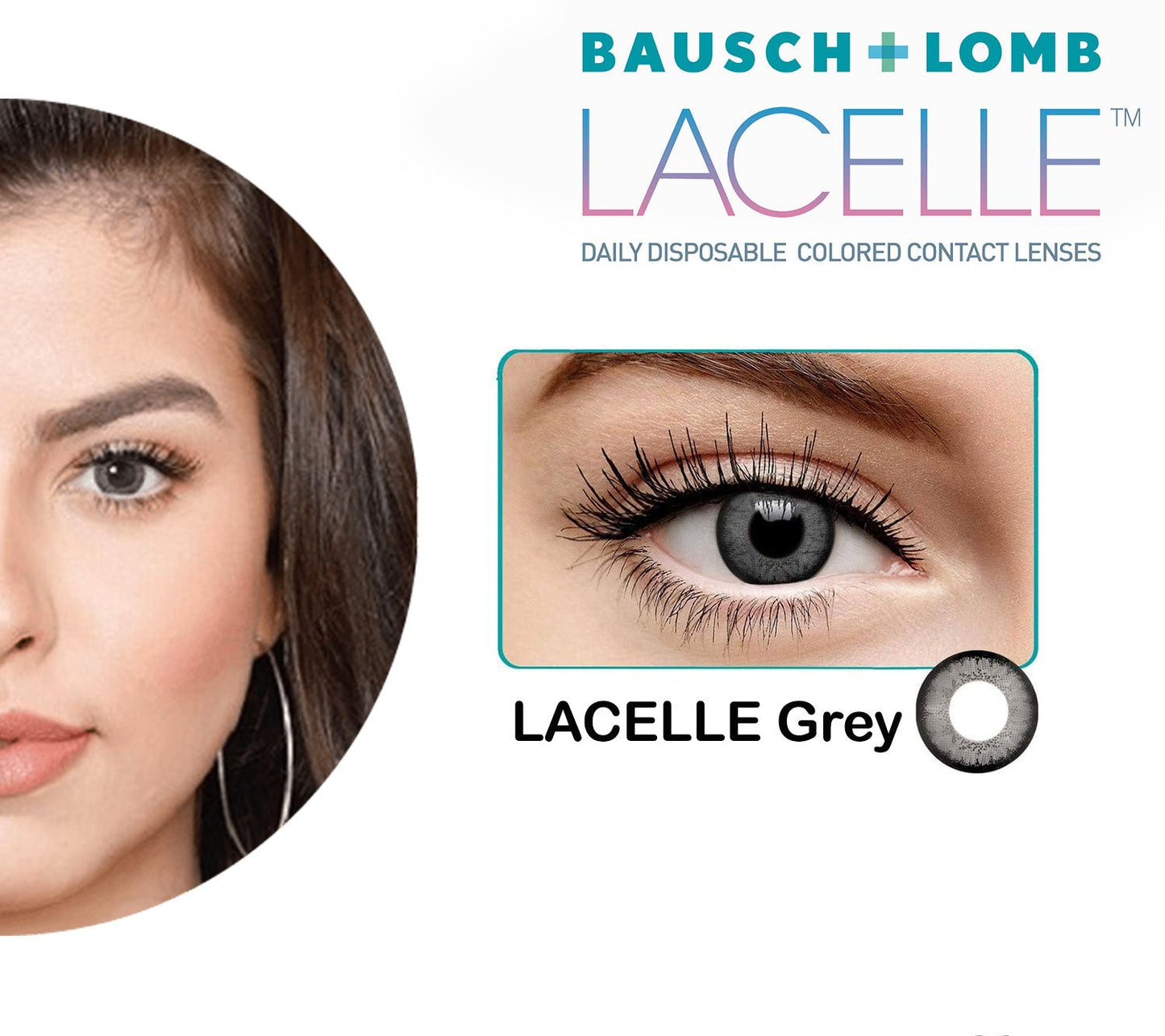 Advertisement for Bausch + Lomb Lacelle contact lenses showing a close-up of an eye wearing the gray lenses.